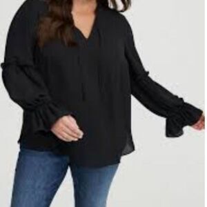 Eloquii black long-sleeve blouse featuring a split v-neckline size 14